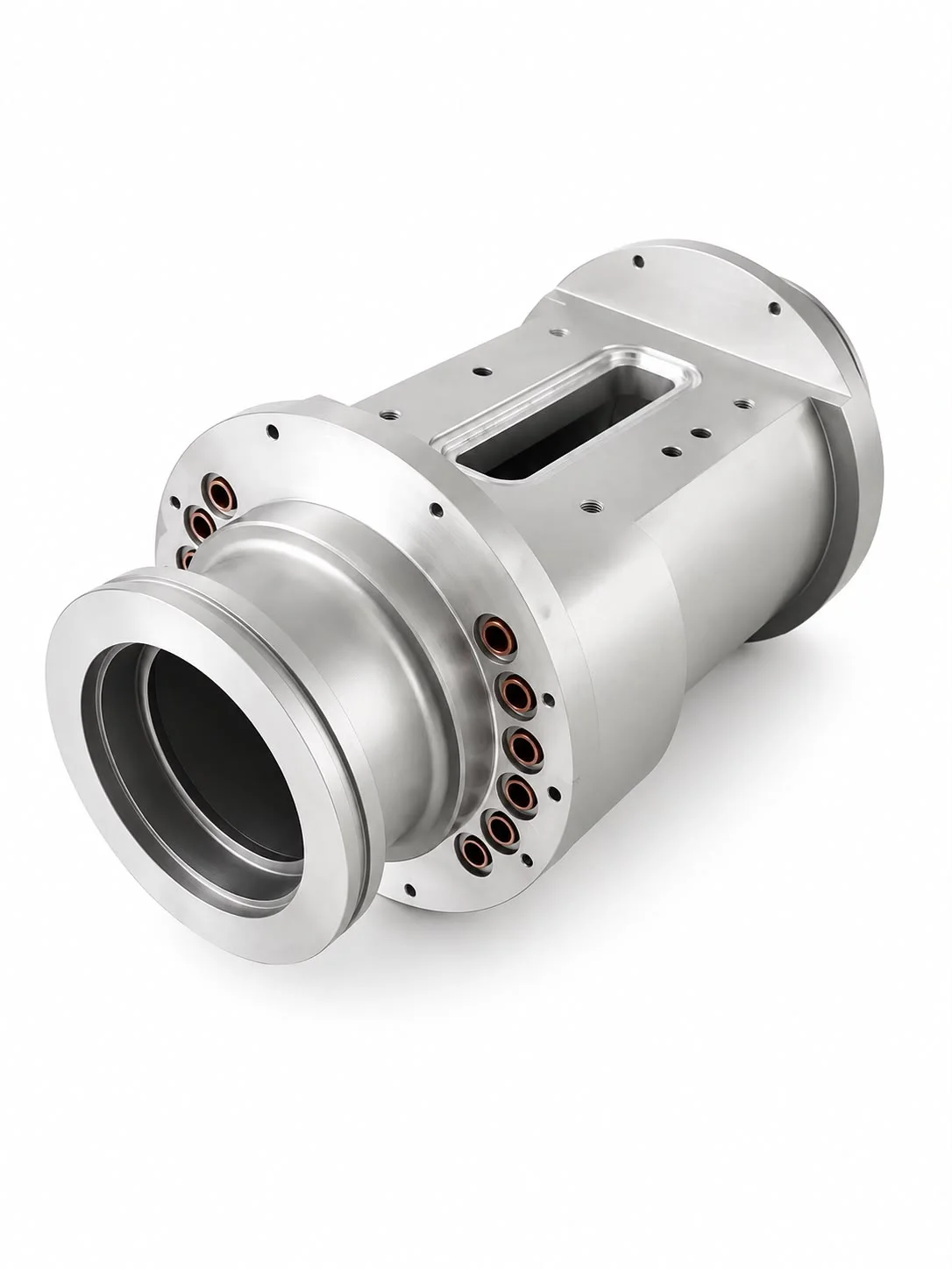 Housing with flange collar, bearing seat and pressed-in bushings
