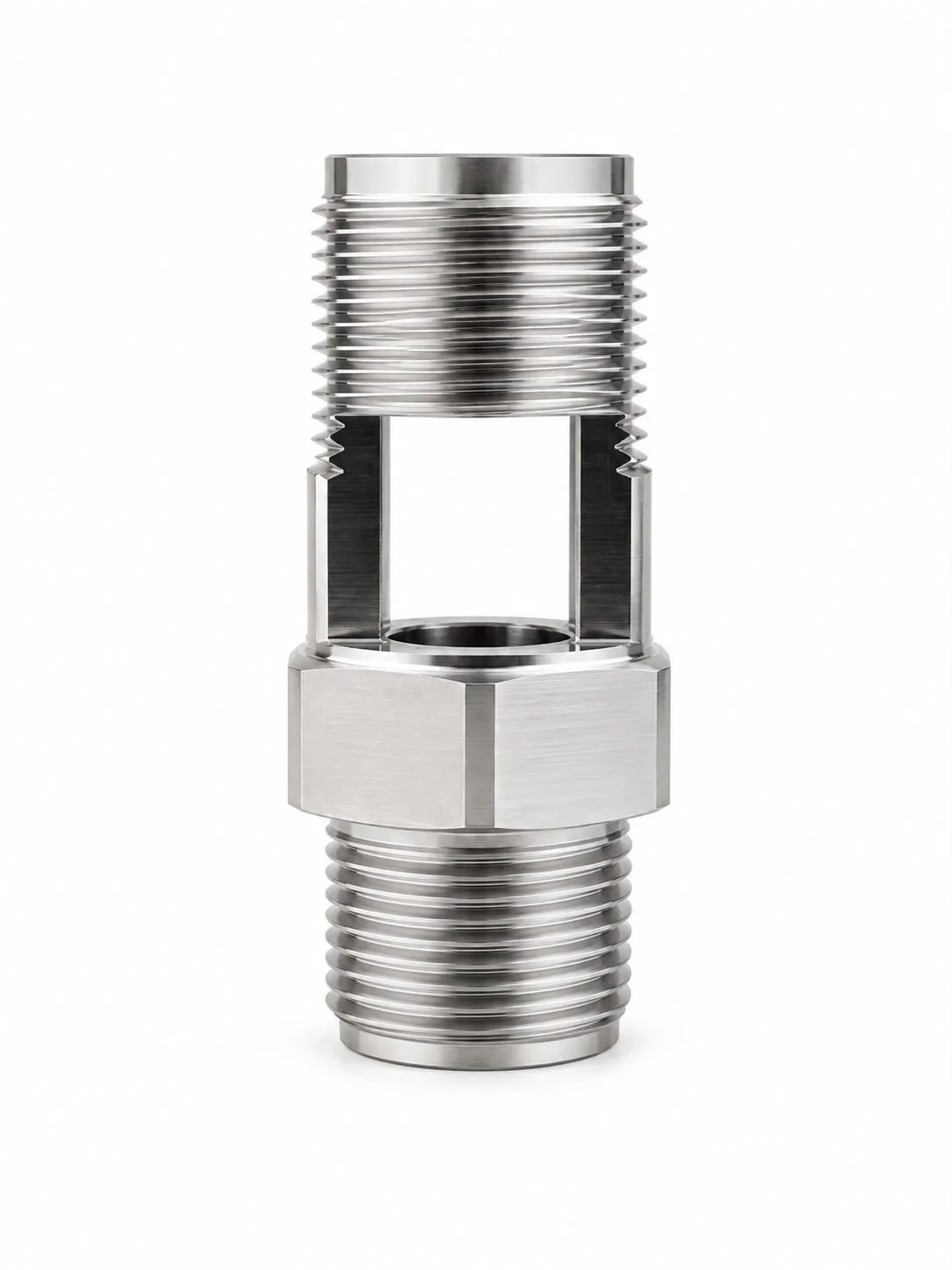 Union fitting with hexagon, threads on both ends and a through slot