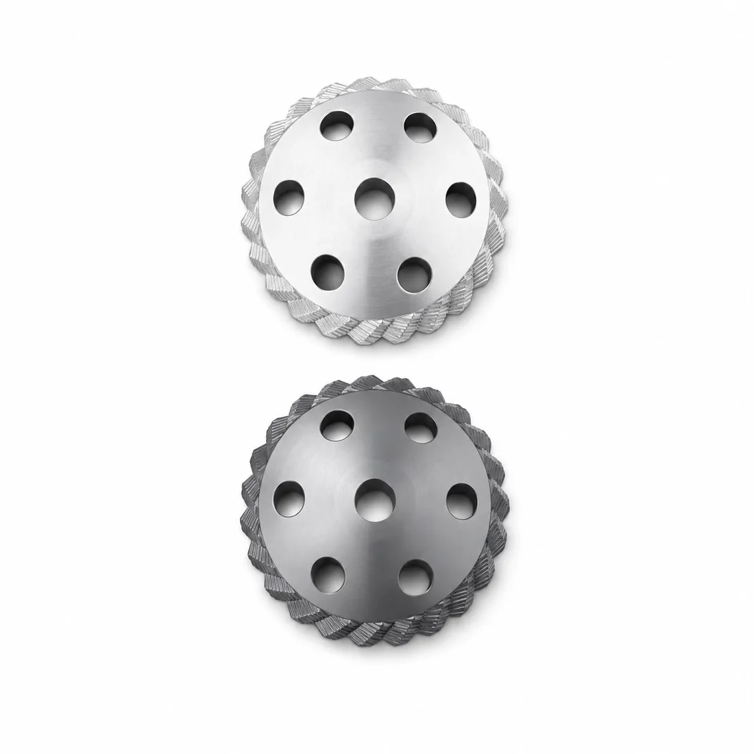 Helical gears with bolt circle, produced as a matched pair. Surface hardened
