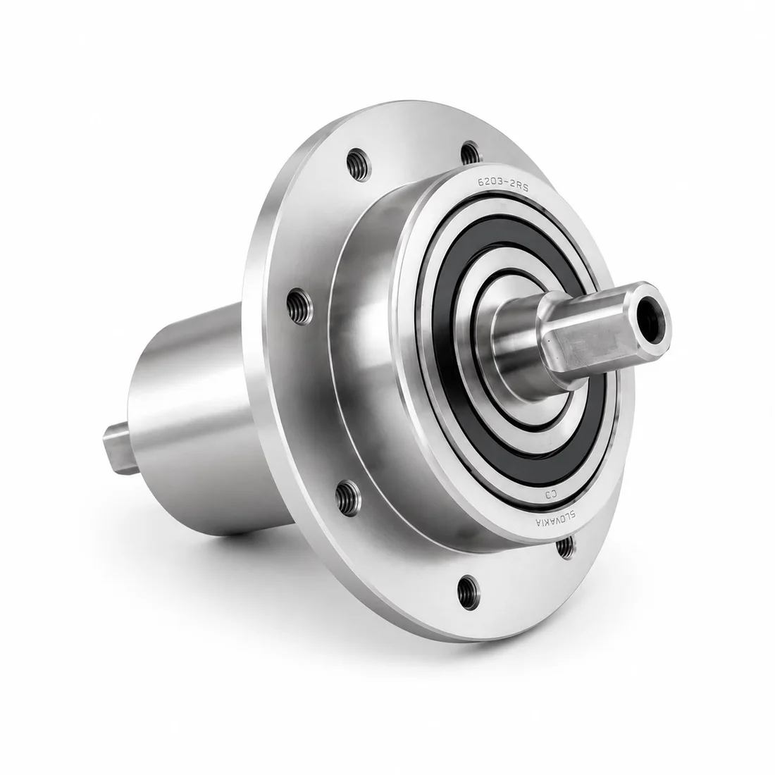 Flange bearing with shaft, assembled and function-checked